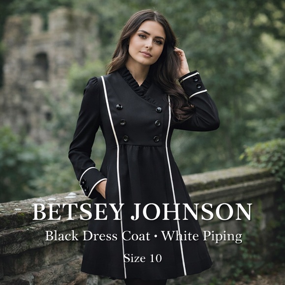 Betsey Johnson Black Dress Coat White Piping Princess Structured Size 10 - Picture 13 of 13